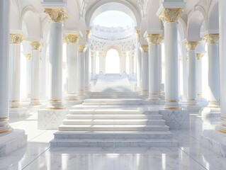 Grand marble palace interior with luxurious white columns and golden details. Majestic staircase and ornate architecture. Ideal for regal and historical design projects