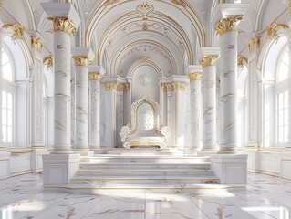 Fototapeta premium Luxurious palace interior with majestic throne. Stately ornate architecture with gold accents. Ideal for historical themes, royal designs or aristocratic concepts.