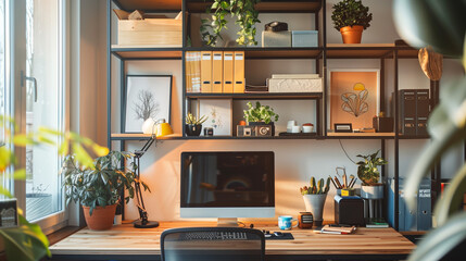 A modern home office with a computer, desk, and stylish shelving filled with decor and plants. The workspace is designed for productivity, with natural light and a cozy atmosphere.


