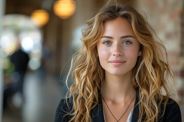 Obraz premium A young woman with long wavy blonde hair and blue eyes smiling while standing in an arched corridor with blurred background