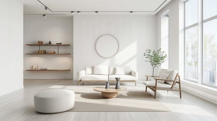 Minimalist living room with clean lines, white walls, simple furniture, and large windows providing abundant natural light.