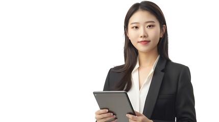 Fototapeta premium An Asian young woman with Korean makeup and straight hair in a fitted office suit, holding a tablet, cleanly isolated on a white background. 32k, full ultra HD, high resolution