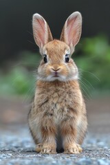 Fototapeta premium A close-up photograph of a young, adorable brown rabbit sitting on the pavement looking directly at the camera on a blurred outdoor background