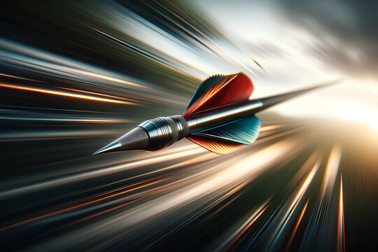 a flying arrow with a sharp, metallic tip and vibrant feathers at the tail in mid-air