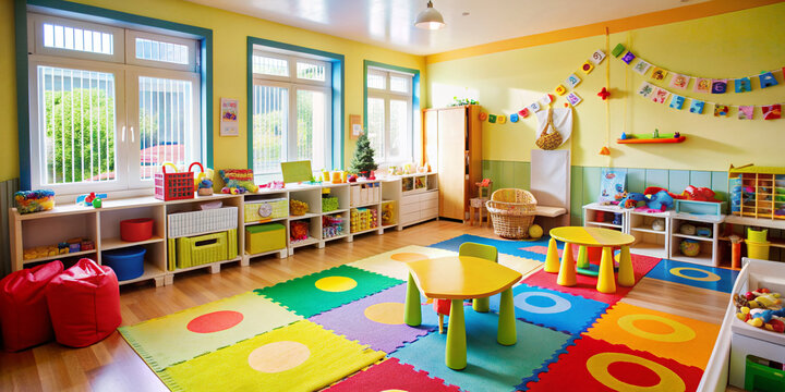 Vibrant nursery room in a kindergarten or daycare center filled with colorful toys, learning materials, and educational resources for young children's recreational learning activities.