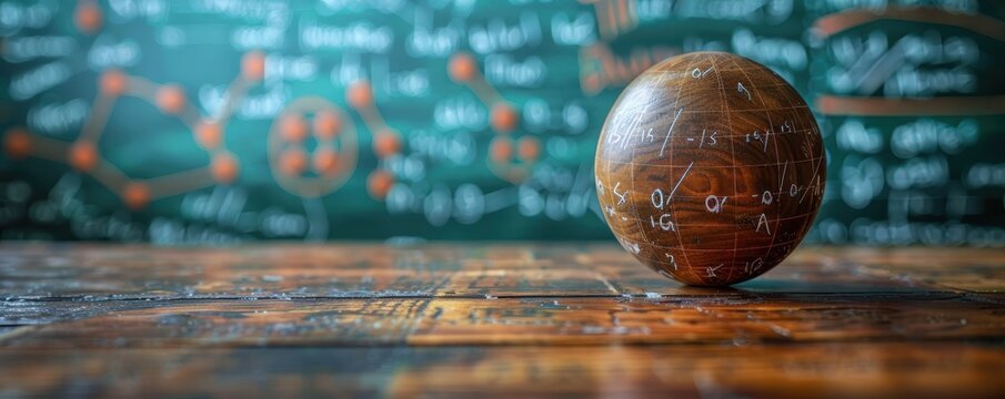 Beautifully crafted wooden sphere with complex mathematical formulas inscribed on it, placed on a rustic wooden table against a backdrop of a chalkboard filled with scientific notations
