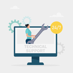 Technical support concept. People advise clients and solve technical problems. Online customer service. Vector illustration.	