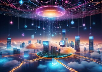 Obraz premium .Cloud computing data storage digital infrastructure futuristic technology circuit board glowing clouds networking information technology data management tech innovation