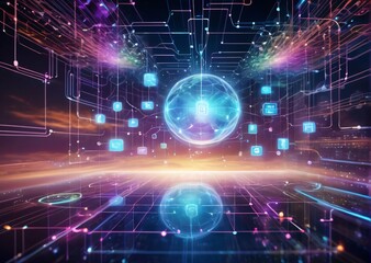 Obraz premium .Cloud computing data storage digital infrastructure futuristic technology circuit board glowing clouds networking information technology data management tech innovation