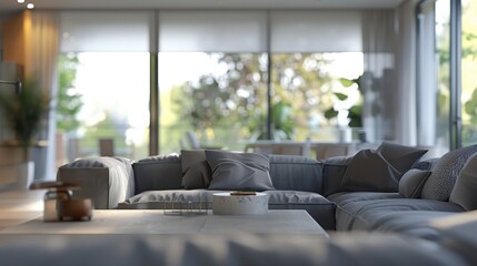 Obraz premium Blurred interior of a living room with grey sofas and a large window, exuding a soft, modern ambiance.
