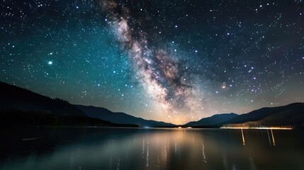 Starry night sky over a serene lake, reflections of stars shimmering in the water