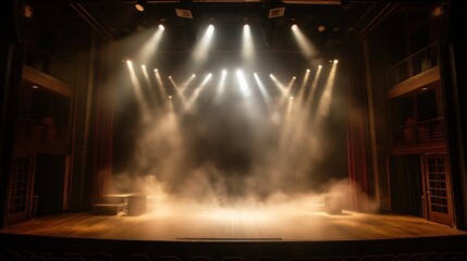 Empty theater stage with dramatic lighting and a foggy atmosphere, highlighting stage equipment and a quiet, expectant ambiance.