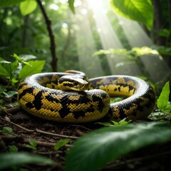 Obraz premium Bushmaster Snake coiled on forest floor, dark brown and yellow scales, lush foliage, dappled sunlight.