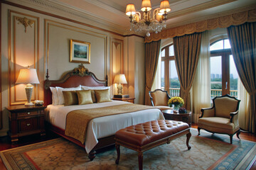 Elegant luxury suite features plush king-size bed, rich wood furnishings, soft cream hues, and lavish decor, creating a serene and opulent retreat for discerning travelers.