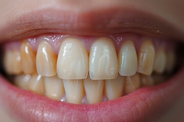 A close-up image of a person's mouth showing two rows of uneven and partially discolored teeth, with implications for dental health and care