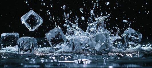ice cubes and water splashes on a black background