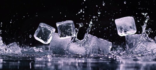 ice cubes and water splashes on a black background