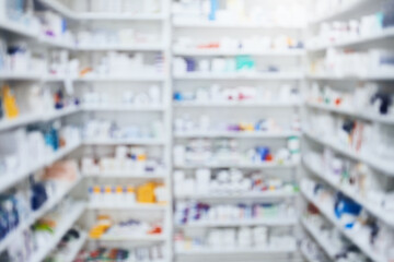 Pharmacy, medicine and box with drug store, shelf and prescription care pills. Medical, healthcare shop and supply of health supplements, vitamins and minerals for vitality and wellness dispensary