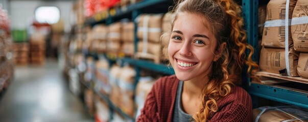 Fototapeta premium A woman with curly hair and a warm smile poses for the camera in a bustling warehouse, surrounded by stacks of boxed goods on industrial shelves