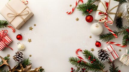 Christmas background with gifts and caramel. New Year banner with copy space	