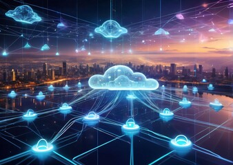 Obraz premium .Cloud computing data storage digital infrastructure futuristic technology circuit board glowing clouds networking information technology data management tech innovation