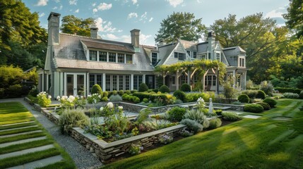 Fototapeta premium Suburban Colonial home with a series of outdoor rooms, each defined by different plantings and garden structures, creating a living landscape