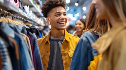 Fototapeta premium Happy Young Man Shopping for Clothing in a Busy Store - Fashion and Retail Concept. Generative ai