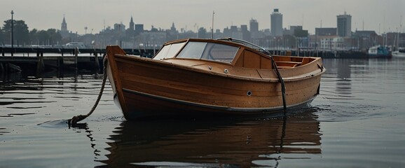 classic wooden boat facing the camera, minimalist, deadpan, banal, cool, clinical, urban, iconic, conceptual, subversive, sparse, restrained, symbol