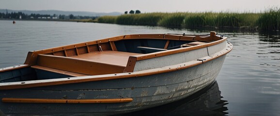 classic wooden boat facing the camera, minimalist, deadpan, banal, cool, clinical, urban, iconic, conceptual, subversive, sparse, restrained, symbol