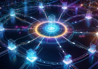 Fototapeta premium .Cloud computing data storage digital infrastructure futuristic technology circuit board glowing clouds networking information technology data management tech innovation