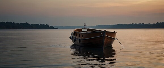 classic wooden boat facing the camera, minimalist, deadpan, banal, cool, clinical, urban, iconic, conceptual, subversive, sparse, restrained, symbol