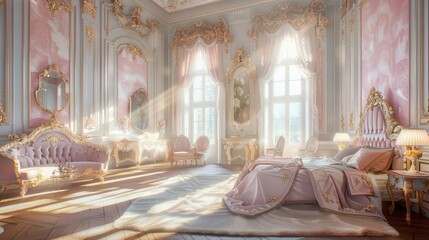 Enter a grand and luxurious bedroom with soft powdery pastel colored walls and sunbeams streaming through the windows, illuminating the exquisite furniture and decor. 