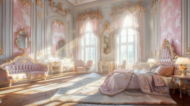 Enter a grand and luxurious bedroom with soft powdery pastel colored walls and sunbeams streaming through the windows, illuminating the exquisite furniture and decor. 