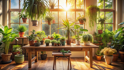 Serenely lit wooden table serves as a natural canvas for a vibrant plant collection, bathed in soft sunlight streaming through a nearby window.