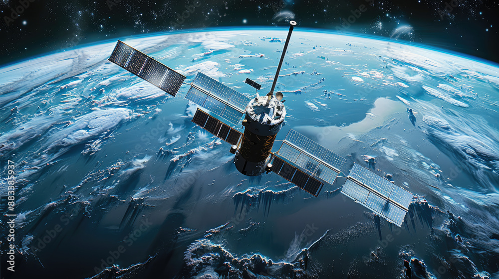 Poster a satellite in space with earth blue horizon and black sky in the background, showcasing advanced te