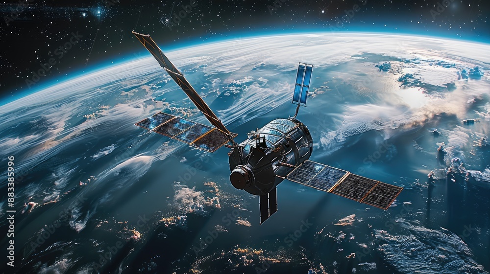 Poster a satellite in space with earth blue horizon and black sky in the background, showcasing advanced te