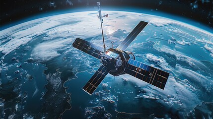 A satellite in space with Earth blue horizon and black sky in the background, showcasing advanced technology for global communication and data collection. Generative AI.