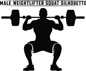 Weightlifter squat silhouette, powerlifter exercise, weight lifting muscle man or bodybuilder weightlifting weights in silhouette.