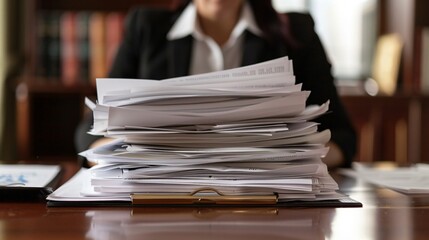 Close up shot of a businesswoman sitting at a large wooden desk, reading through a stack of important documents