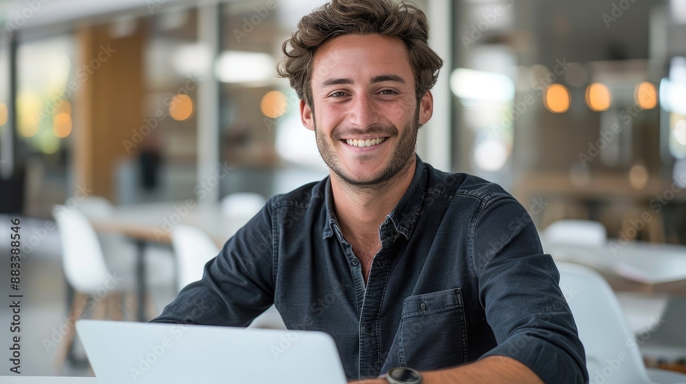 Aufkleber portrait of a attractive professional man in his late twenties, smiling and sitting at an office des