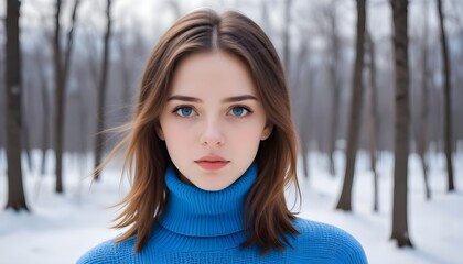 Fototapeta premium A young woman with clear eyes in blue turtleneck sweater in cold winter days
