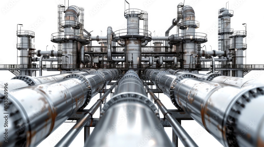 Fototapete Pipelines in an oil refinery. isolated on white background. Generative AI.