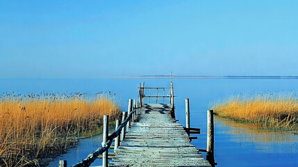 Obraz premium Wooden dock amidst grass and water