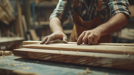 Close-up of a carpenter's hands working on a piece of wood in a workshop, surrounded by various woodworking tools and materials.