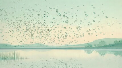   A painting depicts a group of birds soaring above water, with a mountain in the distance and a lake in the foreground