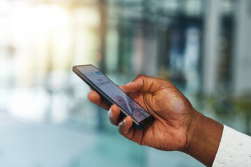 Smartphone, search and hand of person in office for online chat, typing and mobile app for social media. Scroll, networking and professional at digital agency with phone, schedule or web connectivity