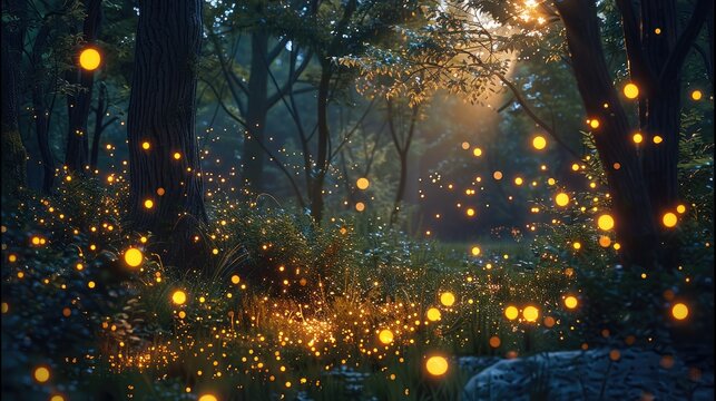 Nature in the forest and fireflies glow. Generative AI.