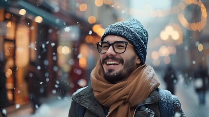 Handsome joyful man autumn portrait. Smiling men student wearing warm clothes in a city in winter. 