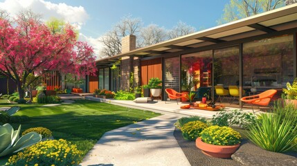 Obraz premium vibrant spring day at a suburban mid-century modern home with a beautifully curated garden and a patio