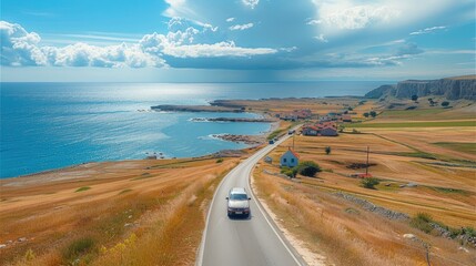 Drone shot of cars driving a coastal road with beautiful cliffs and seaside views, rural village to one side, mid day clear weather. Generative AI.